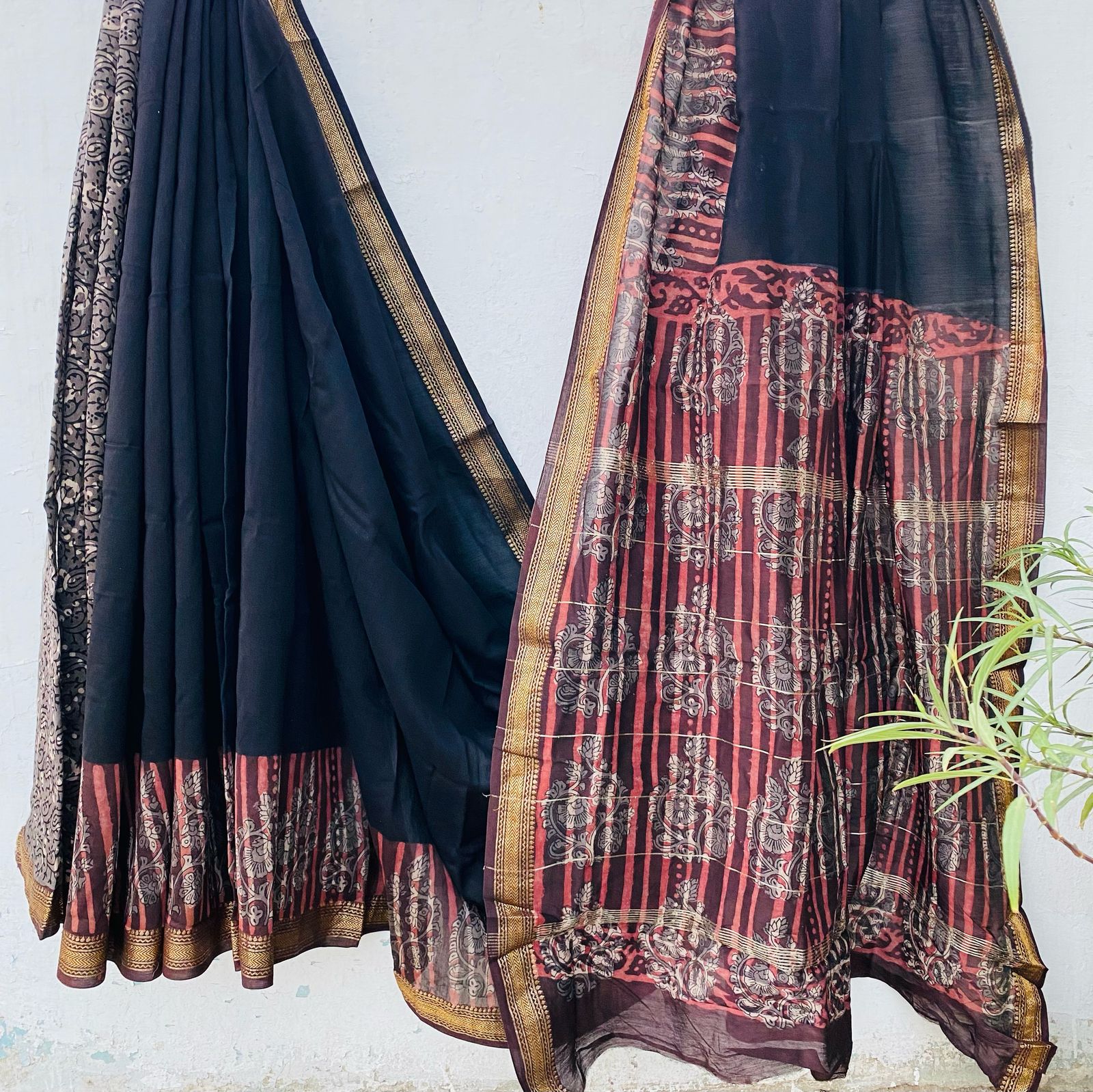 Maheshwari silk saree wholesale, hand block printed black maroon, pure silk saree by Fabtexs